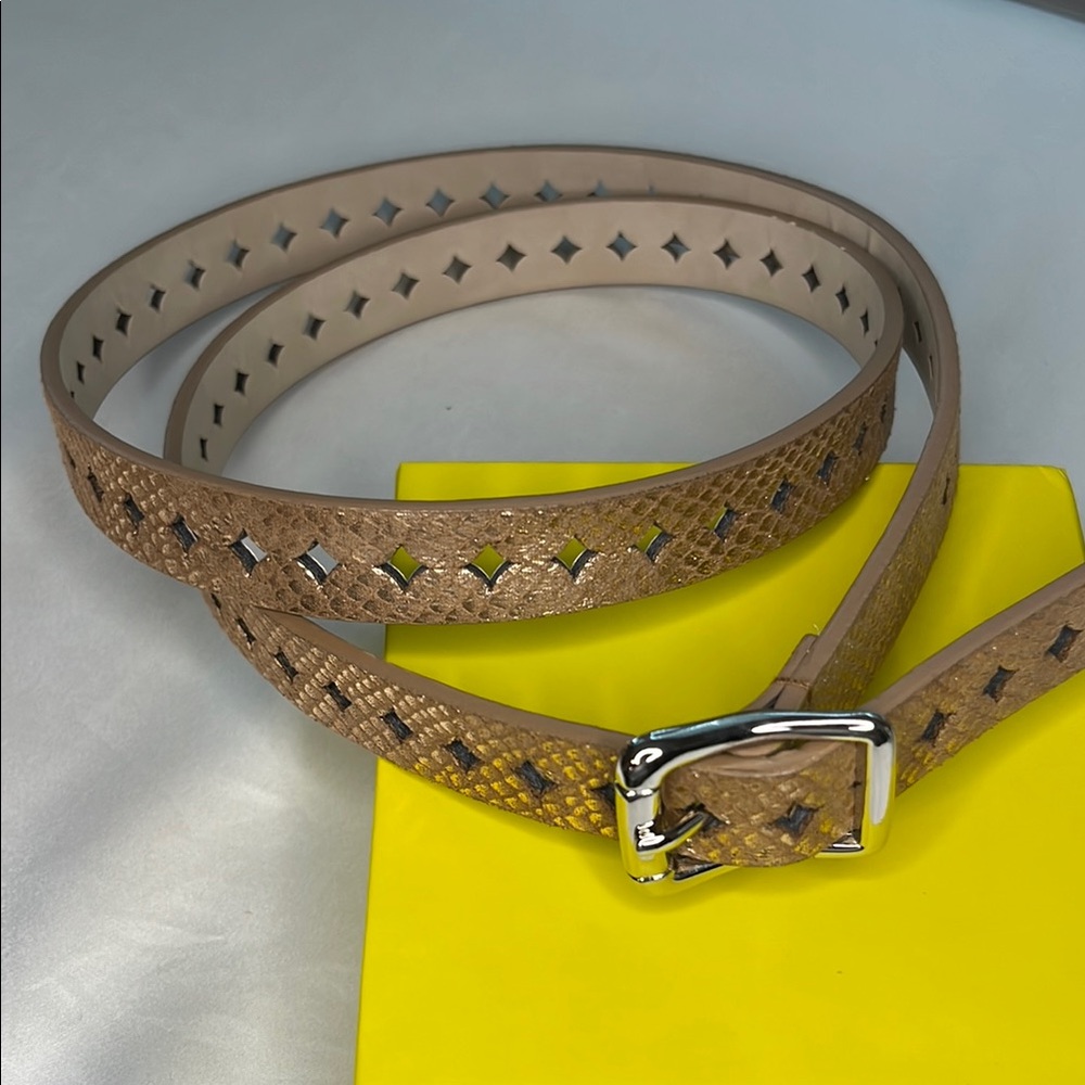 Bronze Faux Snakeskin Pattern Leather Belt with Silver Buckle